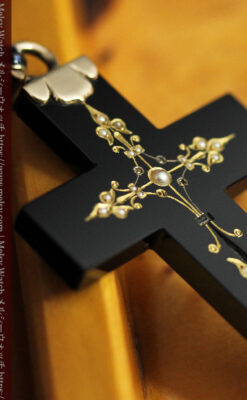 漆黒の上品な黒瑪瑙に真珠と金を合わせたアンティーククロス･十字架 【1880年頃】-A0329-8