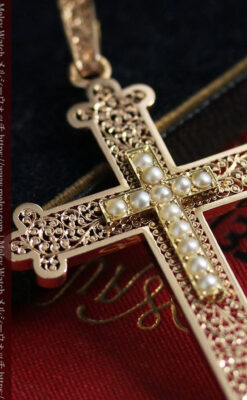 繊細な技巧の光る 真珠と18金無垢アンティーククロス･十字架 【1880年頃】-A0330-1