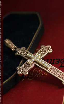 繊細な技巧の光る 真珠と18金無垢アンティーククロス･十字架 【1880年頃】-A0330-10