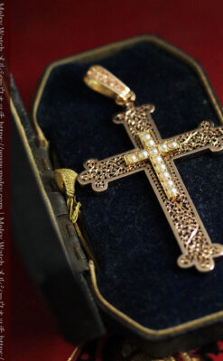 繊細な技巧の光る 真珠と18金無垢アンティーククロス･十字架 【1880年頃】-A0330-20