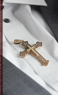 繊細な技巧の光る 真珠と18金無垢アンティーククロス･十字架 【1880年頃】-A0330-23