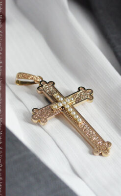 繊細な技巧の光る 真珠と18金無垢アンティーククロス･十字架 【1880年頃】-A0330-24