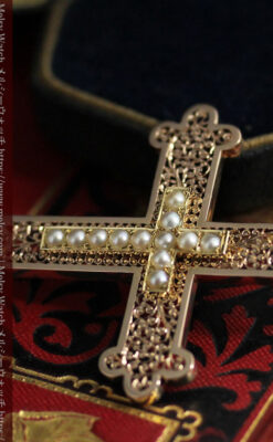 繊細な技巧の光る 真珠と18金無垢アンティーククロス･十字架 【1880年頃】-A0330-7
