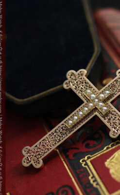 繊細な技巧の光る 真珠と18金無垢アンティーククロス･十字架 【1880年頃】-A0330-8