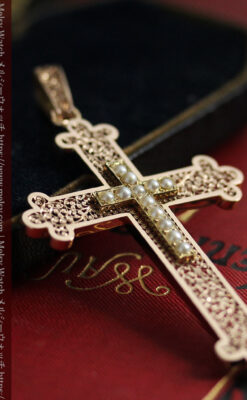 繊細な技巧の光る 真珠と18金無垢アンティーククロス･十字架 【1880年頃】-A0330-9