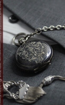 双頭の獅子 ロンジンの銀無垢アンティーク懐中時計【1884年製】チェーン付き-P2332-14