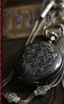 双頭の獅子 ロンジンの銀無垢アンティーク懐中時計【1884年製】チェーン付き-P2332-3