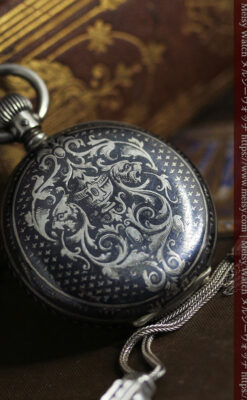 双頭の獅子 ロンジンの銀無垢アンティーク懐中時計【1884年製】チェーン付き-P2332-5