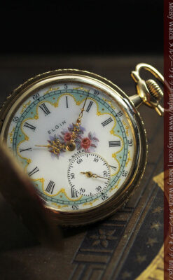 金と緑の華やかな装飾に薔薇の花 エルジンの金無垢アンティーク懐中時計 【1915年頃】-P2334-12