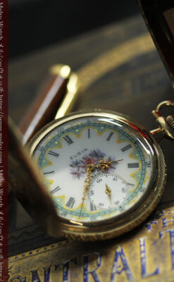 金と緑の華やかな装飾に薔薇の花 エルジンの金無垢アンティーク懐中時計 【1915年頃】-P2334-13