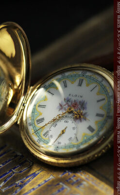 金と緑の華やかな装飾に薔薇の花 エルジンの金無垢アンティーク懐中時計 【1915年頃】-P2334-14