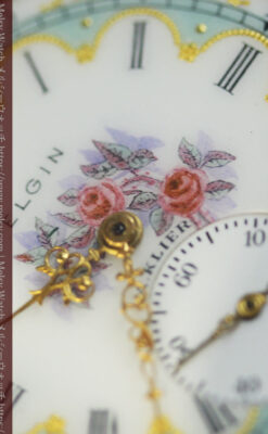 金と緑の華やかな装飾に薔薇の花 エルジンの金無垢アンティーク懐中時計 【1915年頃】-P2334-15