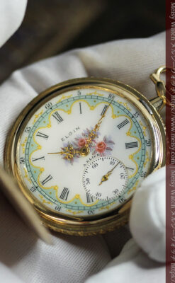 金と緑の華やかな装飾に薔薇の花 エルジンの金無垢アンティーク懐中時計 【1915年頃】-P2334-18