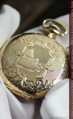 金と緑の華やかな装飾に薔薇の花 エルジンの金無垢アンティーク懐中時計 【1915年頃】-P2334-20