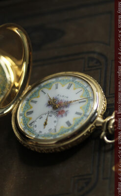 金と緑の華やかな装飾に薔薇の花 エルジンの金無垢アンティーク懐中時計 【1915年頃】-P2334-4