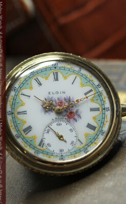 金と緑の華やかな装飾に薔薇の花 エルジンの金無垢アンティーク懐中時計 【1915年頃】-P2334-6