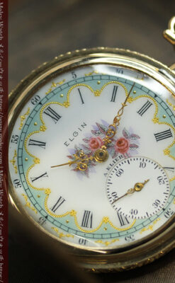 金と緑の華やかな装飾に薔薇の花 エルジンの金無垢アンティーク懐中時計 【1915年頃】-P2334-7