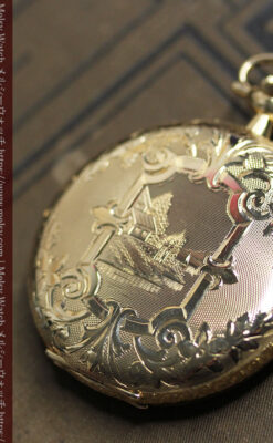 金と緑の華やかな装飾に薔薇の花 エルジンの金無垢アンティーク懐中時計 【1915年頃】-P2334-9