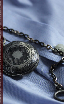 ニエロ・黒金装飾 ロンジンの銀無垢アンティーク懐中時計【1902年製】チェーン付き-P2344-11