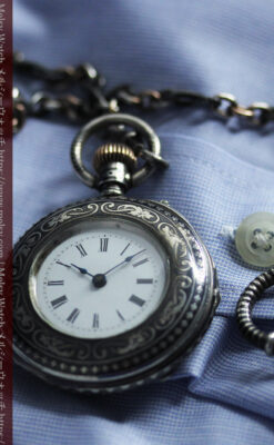 ニエロ・黒金装飾 ロンジンの銀無垢アンティーク懐中時計【1902年製】チェーン付き-P2344-12