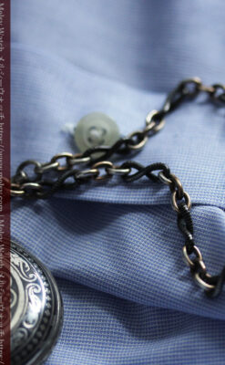 ニエロ・黒金装飾 ロンジンの銀無垢アンティーク懐中時計【1902年製】チェーン付き-P2344-13