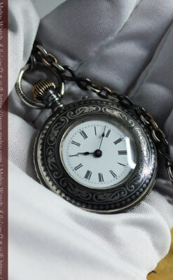 ニエロ・黒金装飾 ロンジンの銀無垢アンティーク懐中時計【1902年製】チェーン付き-P2344-15