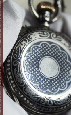ニエロ・黒金装飾 ロンジンの銀無垢アンティーク懐中時計【1902年製】チェーン付き-P2344-18