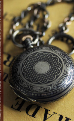 ニエロ・黒金装飾 ロンジンの銀無垢アンティーク懐中時計【1902年製】チェーン付き-P2344-6