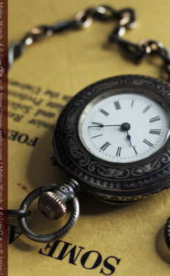 ニエロ・黒金装飾 ロンジンの銀無垢アンティーク懐中時計【1902年製】チェーン付き-P2344-8