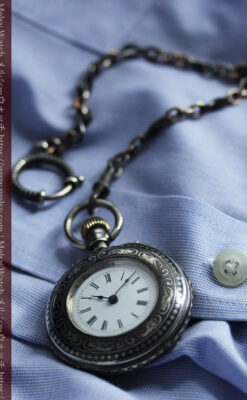 ニエロ・黒金装飾 ロンジンの銀無垢アンティーク懐中時計【1902年製】チェーン付き-P2344-9