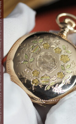 黄色の花と緑の葉 エルジンのアンティーク懐中時計 【1904年頃】-P2346-19