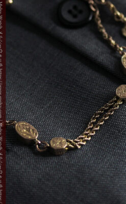 鍵巻き型の飾りと装飾の綺麗な金無垢アンティーク懐中時計チェーン-C0503-14