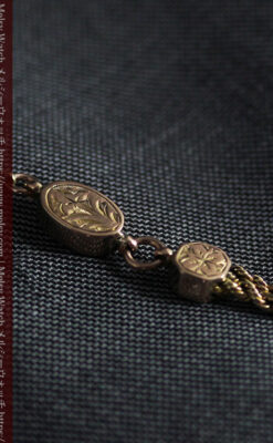 鍵巻き型の飾りと装飾の綺麗な金無垢アンティーク懐中時計チェーン-C0503-15