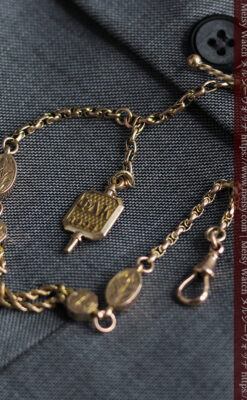 鍵巻き型の飾りと装飾の綺麗な金無垢アンティーク懐中時計チェーン-C0503-16