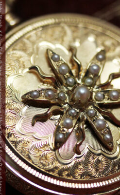 立体的な金と真珠の花 ウォルサムの金無垢アンティーク懐中時計 【1897年頃】-P2349-1