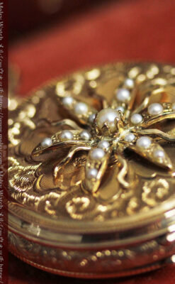 立体的な金と真珠の花 ウォルサムの金無垢アンティーク懐中時計 【1897年頃】-P2349-10