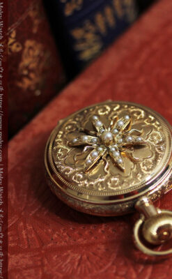 立体的な金と真珠の花 ウォルサムの金無垢アンティーク懐中時計 【1897年頃】-P2349-11