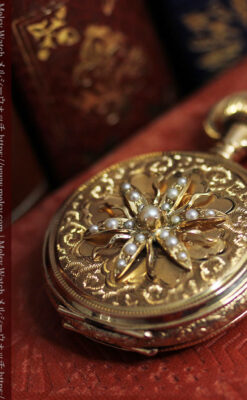 立体的な金と真珠の花 ウォルサムの金無垢アンティーク懐中時計 【1897年頃】-P2349-12