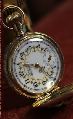 立体的な金と真珠の花 ウォルサムの金無垢アンティーク懐中時計 【1897年頃】-P2349-14