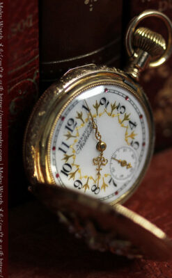 立体的な金と真珠の花 ウォルサムの金無垢アンティーク懐中時計 【1897年頃】-P2349-16