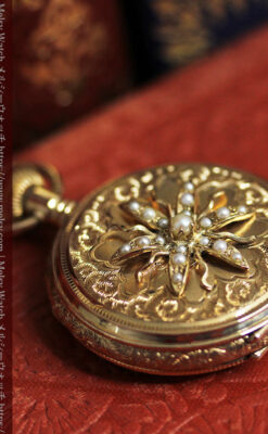 立体的な金と真珠の花 ウォルサムの金無垢アンティーク懐中時計 【1897年頃】-P2349-9