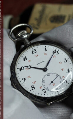 ゼニスの美しい黒金装飾の銀無垢アンティーク懐中時計 【1919年頃】-P2353-16