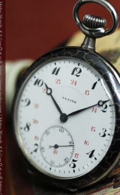 ゼニスの美しい黒金装飾の銀無垢アンティーク懐中時計 【1919年頃】-P2353-8