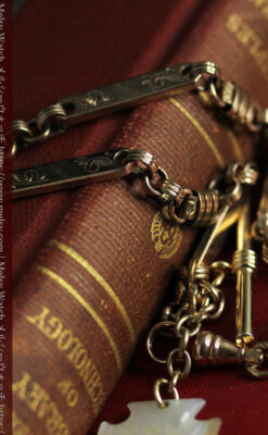 装飾の入ったアンティーク懐中時計チェーン 白い盾型に竪琴の飾り-C0512-2