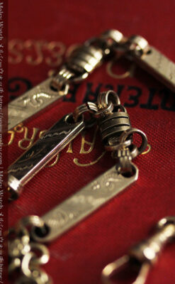 装飾の入ったアンティーク懐中時計チェーン 白い盾型に竪琴の飾り-C0512-3