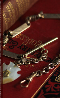 装飾の入ったアンティーク懐中時計チェーン 白い盾型に竪琴の飾り-C0512-8