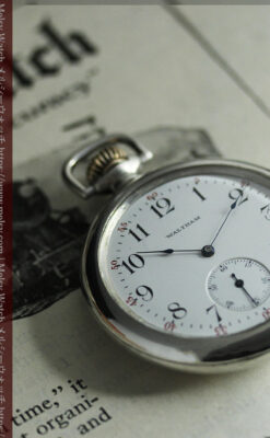 煙をあげる蒸気機関車 ウォルサムの銀無垢アンティーク懐中時計【1900年頃】-P2354-10