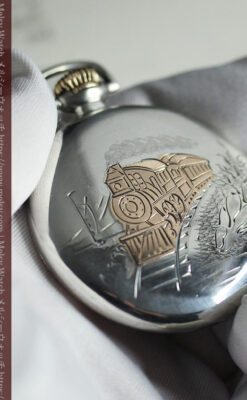 煙をあげる蒸気機関車 ウォルサムの銀無垢アンティーク懐中時計【1900年頃】-P2354-11