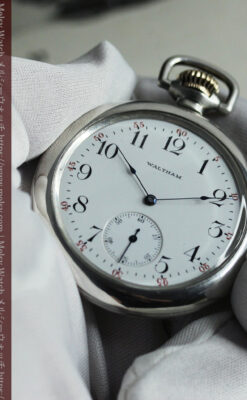 煙をあげる蒸気機関車 ウォルサムの銀無垢アンティーク懐中時計【1900年頃】-P2354-12