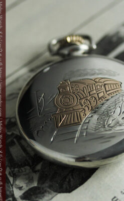 煙をあげる蒸気機関車 ウォルサムの銀無垢アンティーク懐中時計【1900年頃】-P2354-2